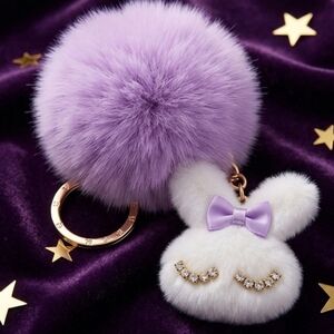 Kids And Womens Plush Bunny Pom Pom Keychain/Bag Charm Lavender NIP
